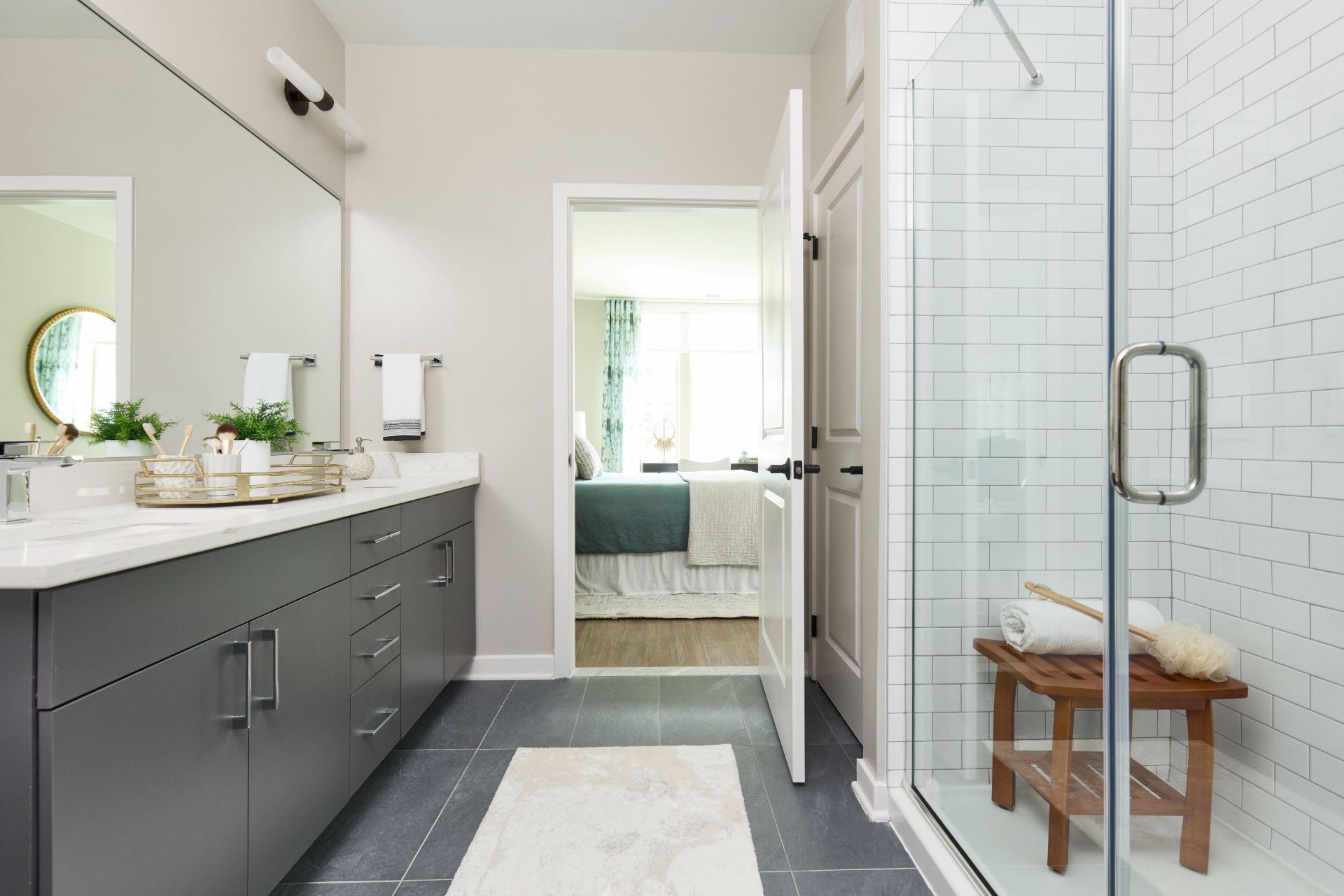 Apartment bathroom with oversized shower at Aster College Park, MD